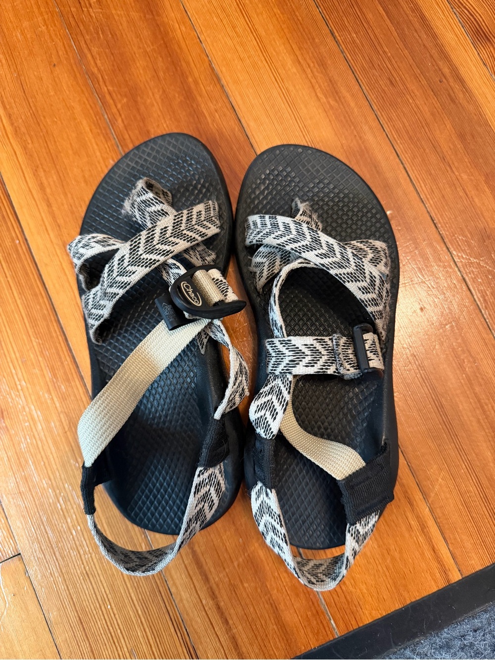 Chaco Black Sandals with Cream & Black Patterned Webbing